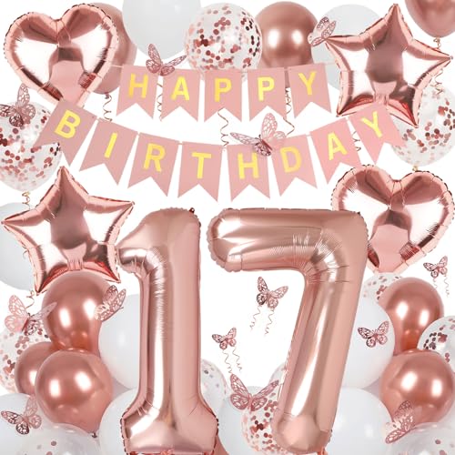Deko 17. Geburtstag Mädchen, Rosegold Luftballon 17. Geburtstag, Happy Birthday Girlande und Schmetterlinge Deko, Roségold 17 Jahr Mädchen Deko Geschenk Deko 17. Geburtstag Mädchen, Rosegold Luftballon 17. Geburtstag, Happy Birthday Girlande und Schmetterlinge Deko, Roségold 17 Jahr Mädchen Deko Geschenk von Douvelue