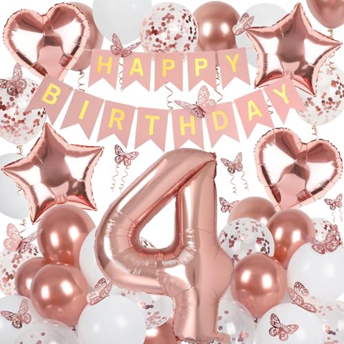 Deko 4. Geburtstag Mädchen, Rosegold Luftballon 4. Geburtstag, Happy Birthday Girlande und Schmetterlinge Deko, Roségold 4 Jahr Mädchen Deko Geschenk Deko 4. Geburtstag Mädchen, Rosegold Luftballon 4. Geburtstag, Happy Birthday Girlande und Schmetterlinge Deko, Roségold 4 Jahr Mädchen Deko Geschenk von Douvelue