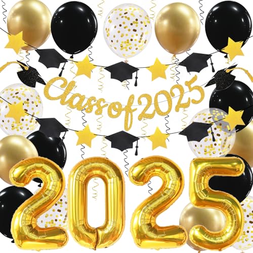 Graduation Dekorationen Klasse 2025 Banner, 81.3 cm Gold 2025 Luftballons, Sternkappe Girlande und Schwarz Gold Konfetti Luftballons, für Senior High School College Graduation Party Dekorationen von Douvelue