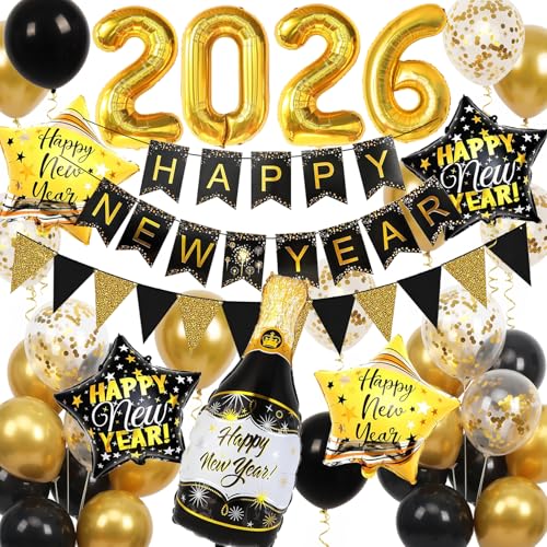 Silvester Deko 2026, Happy New Year Banner und 2026 Folienballos, Schwarze und Goldene Silvester Ballons, Neujahrsdeko, Silvesterpartydeko Accessoire für Silvesterparty Silvester Deko 2026, Happy New Year Banner und 2026 Folienballos, Schwarze und Goldene Silvester Ballons, Neujahrsdeko, Silvesterpartydeko Accessoire für Silvesterparty von Douvelue