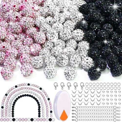 Dowarm Runde Strassperlen für Baseball-Halsketten, Armbänder, Schmuckherstellung, Tonperlen, Disco-Diamantperlen, 10 mm, Rosa, Weiß, Schwarz, 255 Stück von Dowarm
