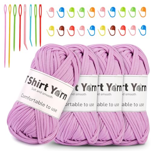 Doxiru T-Shirt-Garn-Set, Garn zum Stricken von Stoff, Strickgarn, Baumwoll-Wurfgarn, weiches großes Garn, Häkelgarn-Set zum Stricken, Häkelgarn, Webzubehör, Violett, 4 Stück von Doxiru