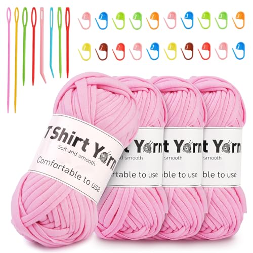 Doxiru 4 Stück 100 g T-Shirt-Garn-Set, Garn zum Stricken von Stoff, Strickgarn, Baumwolle, Überwurfgarn, Häkelgarn, Häkelgarn, Webzubehör, Wolle (rosa Farbe) von Doxiru