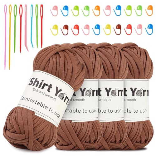 Doxiru 4 Stück 100 g T-Shirt-Garn-Set, Garn zum Stricken von Stoff, Strickgarn, Baumwolle, Überwurfgarn, weich, großes Garn, Häkelgarn, Set zum Stricken, Häkelgarn, Webzubehör (braune Farbe) von Doxiru