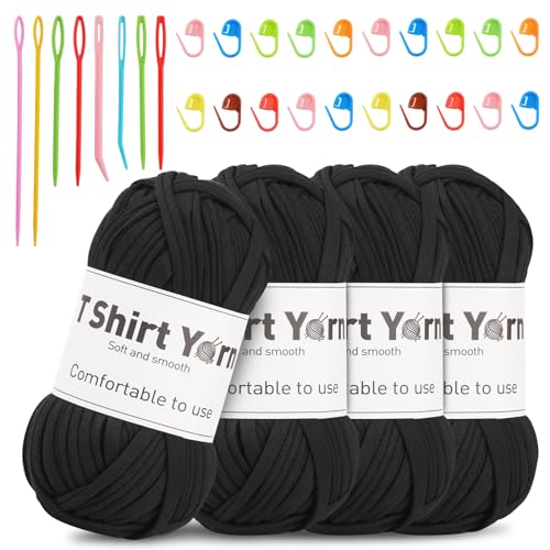 Doxiru T-Shirt-Garn-Set, Garn zum Stricken von Stoff, Strickgarn, Baumwoll-Wurfgarn, weiches großes Garn, Häkelgarn-Set zum Stricken, Häkelgarn, Webzubehör (schwarze Farbe), 4 Stück von Doxiru