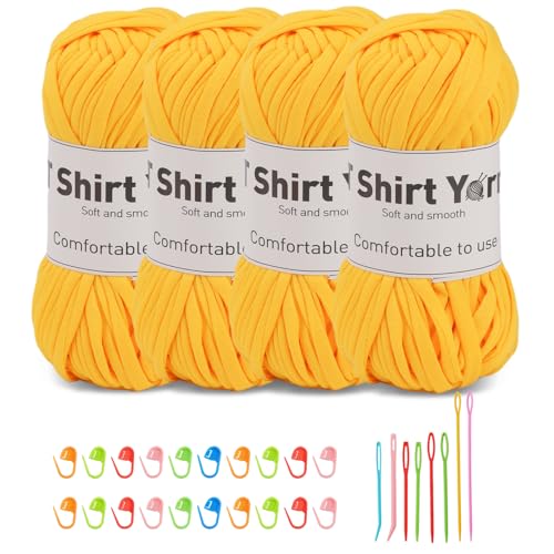 Doxiru 4er-Pack 100 g T-Shirt-Garn-Set, Garn zum Stricken, Stoff, Strickgarn, Baumwollgarn, weiches großes Garn, Häkelgarn-Set zum Stricken, Häkelgarn, Webzubehör (Zitronengelb) von Doxiru