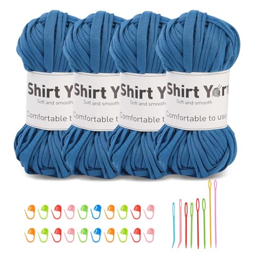Doxiru 4er-Pack 100 g T-Shirt-Garn-Set, Garn zum Stricken, Stoff, Strickgarn, Baumwollgarn, weiches großes Garn, Häkelgarn-Set zum Stricken, Häkelgarn, Webzubehör (dunkelblau) von Doxiru
