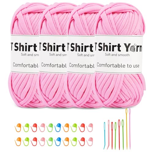 Doxiru 4er-Pack 100 g T-Shirt-Garn-Set, Garn zum Stricken, Stoff, Strickgarn, Baumwollgarn, weiches großes Garn, Häkelgarn-Set zum Stricken, Häkelgarn, Webzubehör (rosa Farbe) von Doxiru