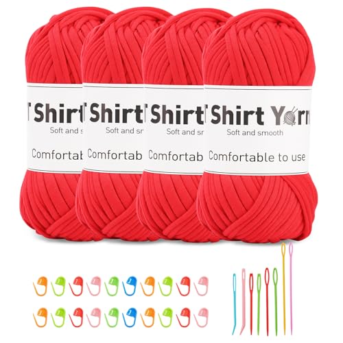 Doxiru 4er-Pack 100 g T-Shirt-Garn-Set, Garn zum Stricken, Stoff, Strickgarn, Baumwollgarn, weiches großes Garn, Häkelgarn-Set zum Stricken, Häkelgarn, Webzubehör (rote Farbe) von Doxiru