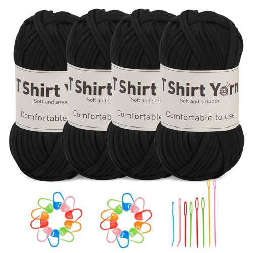 Doxiru 4er-Pack 100 g T-Shirt-Garn-Set, Garn zum Stricken, Stoff, Strickgarn, Baumwollgarn, weiches großes Garn, Häkelgarn-Set zum Stricken, Häkelgarn, Webzubehör (schwarze Farbe) von Doxiru