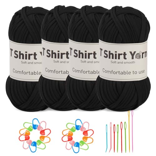 Doxiru 4er-Pack 100 g T-Shirt-Garn-Set, Garn zum Stricken, Stoff, Strickgarn, Baumwollgarn, weiches großes Garn, Häkelgarn-Set zum Stricken, Häkelgarn, Webzubehör (schwarze Farbe) von Doxiru