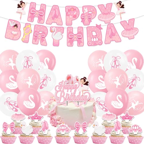 32-teiliges Ballett-Tanz-Party-Set, Ballett-Geburtstagsdekorationen, Mädchen-Party-Dekoration, tanzende Kuchendekorationen, rosa Thema, Ballettballon-Banner, Kuchendekoration von Doyomtoy