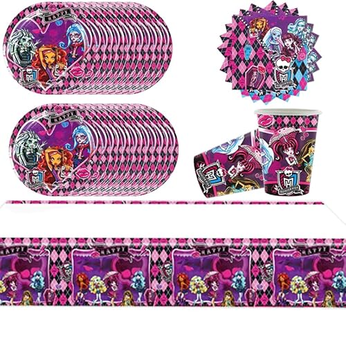 61 Stück Monster High Partygeschirr, Monster High Kindergeburtstagsparty, inkl. Pappteller, Tassen, Tischdecken und Servietten, geeignet für Kindergeburtstagsparty, Mädchenparty von Doyomtoy