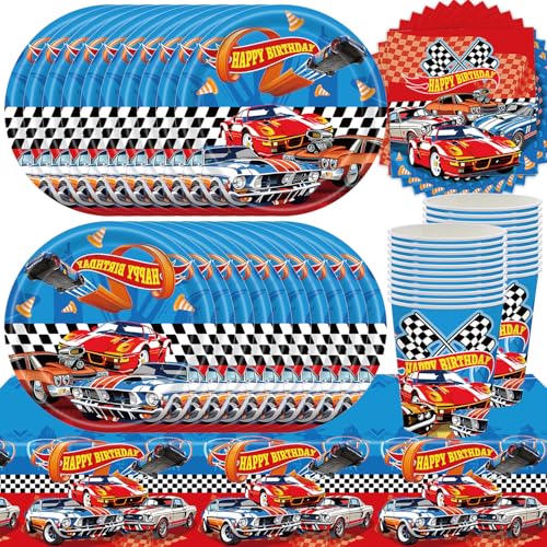 61 Stück Rennwagen-Geburtstagsparty-Geschirr, Kindergeburtstags-Dekorationen, Rennwagen-Partygeschirr inklusive Teller, Becher, Papierservietten, Tischdecke (20 Gäste) von Doyomtoy