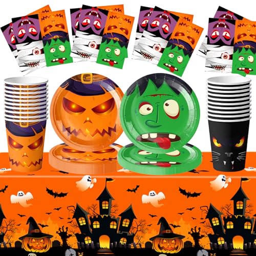 61-teiliges Halloween-Geschirrset, bestehend aus Halloween-Papptellern, Pappbechern, Servietten und Tischdecken, geeignet für Dekorationen für Kinder, für 20 Gäste. von Doyomtoy