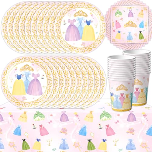 61-teiliges Prinzessinnen-Partygeschirr-Set, Kindergeburtstagsdekorationen, Babyparty-Dekorationen, Mädchen-Geschirr inklusive Teller, Becher, Servietten, Tischdecken (20 Gäste) von Doyomtoy