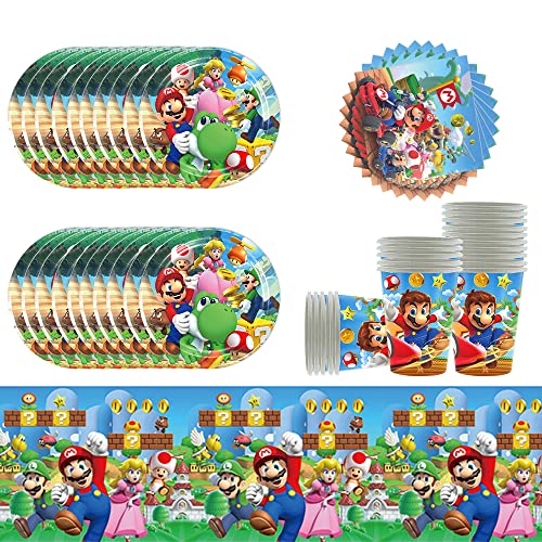 61Stück Super Mario Geburtstags Partygeschirr,Mario Partyzubehör Pappteller Set, Set einschließlich Tischdecke Teller Becher Servietten zum babyparty,Hochzeiten,Jubiläums(20 Gäste) von Doyomtoy