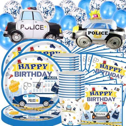78Stk Polizei-Party-Geschirr-Set, Polizei-Geburtstagsparty-Dekorationen, Zubehör, Polizeiautos, Kinder-Party-Dekorationen, Geschirr, inklusive Teller, Becher, Servietten, Luftballons (20 Gäste) von Doyomtoy