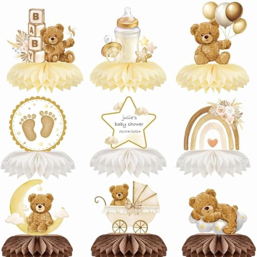9 Stück Kindergeburtstags-Dekorations-Zubehör, Babyparty-Waben-Ornament, Baby-Bärdusche, Waben-Mittelstück, Geschlechtsoffenbarung, Babyparty-Tischdekoration, Baby-Bär-Party-Dekorationen von Doyomtoy