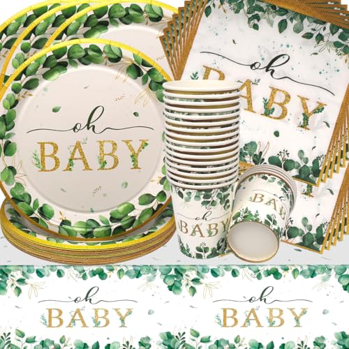 Baby Shower Geburtstag Deko,Doyomtoy Baby Partygeschirr Grüne Blätter Babyparty Deko Tassen Servietten Tischdecke für Kindergeburtstag Party Deko Babys Shower 20 Gäste von Doyomtoy
