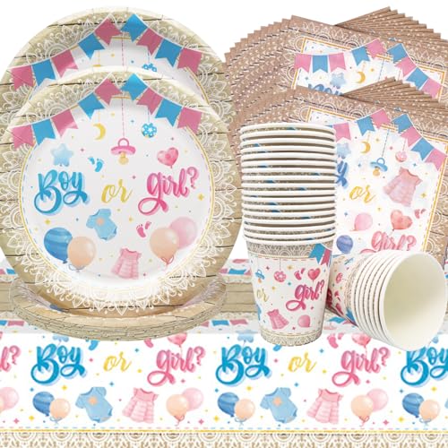 Babyparty Geschirr,Doyomtoy 61 Stück für Kinder Geburtstag Babyparty Deko Gender Reveal Party-Geschirr Teller,Tassen,Papierhandtücher,Tischtücher,Baby Shower Deko für 20 Gäste (Boy or Girl) von Doyomtoy