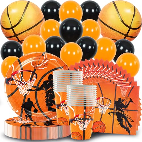 Basketball-Partyzubehör, 82-teiliges Sportthema, neues Design, Kinder-Geburtstags-Geschirr-Set enthält Teller, Becher, Servietten und Luftballons, für 20 Personen von Doyomtoy