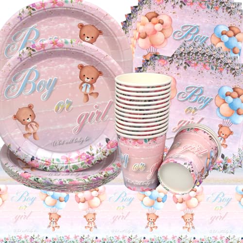 Boy or Girl Partygeschirr Set,Doyomtoy 53 Stück Reveal Party Supplies Bärenthema Reveal Geburtstag Deko Tassen Servietten Tischdecke für Kindergeburtstag Party Deko Baby Shower von Doyomtoy