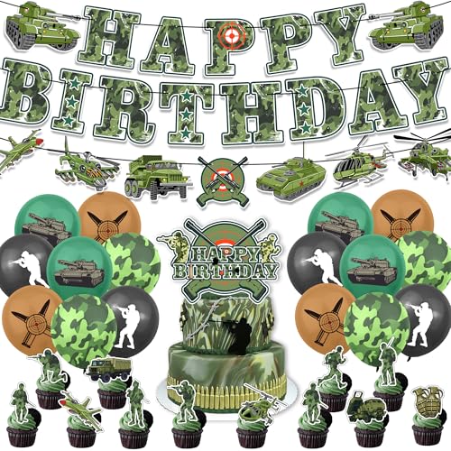 Camouflage-Themen-Ballondekorationsset für Kindergeburtstage, grüne Camouflage-Geburtstagsballons, Kuchendekoration, Geburtstagsbanner. von Doyomtoy