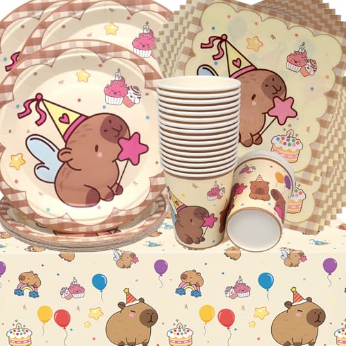 Capybara Geburtstag Deko,Doyomtoy Wasserschwein-Delfin Partygeschirr Geburtstagsteller Tassen Servietten Safari Geburtstag für Kinder Babyparty Deko 20 Gäste von Doyomtoy