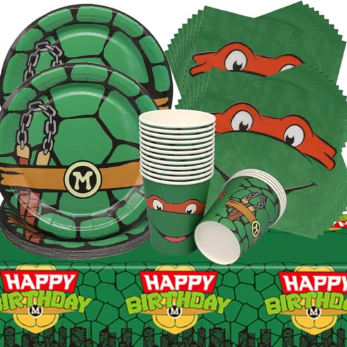 Doyomtoy 53-teiliges Partygeschirr Set, Geburtstagspartygeschirr mit 16 Tellern, 16 Tassen, 20 Servietten und 1 Tischdecke, für 16 Gäste, Grün, Cartoon- und Tierdruck-Muster von Doyomtoy