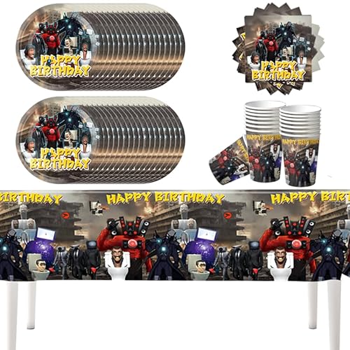 Doyomtoy 61pcs Skibidi Toilette Geburtstag Party Geschirr, Party Supplies Pappteller Set mit Tischtuch, Teller, Tassen, Servietten für Kindergeburtstag, Bachelorette Party, (20 Personen) von Doyomtoy