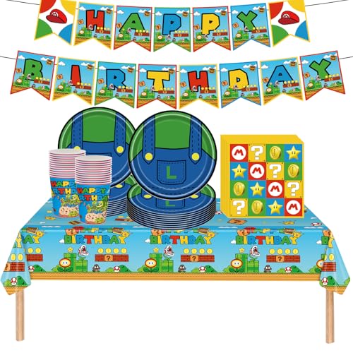 Doyomtoy 62 Stück Mario Partygeschirr, Mario Thema, ziehen Fahnen, Teller, Tassen, Tücher, Tischdecken, Kindergeburtstag Party, Geburtstag Party Geschirr, (20 Gäste) von Doyomtoy