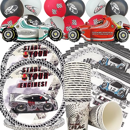 Doyomtoy 74 Stücke Racing Party-Geschirr Racing Car Party Supplies for Boys Includes Paper Dessert Cake Plates Napkins Cups Ballons Birthday Party Dinnerware Racing car Birthday Decoration von Doyomtoy