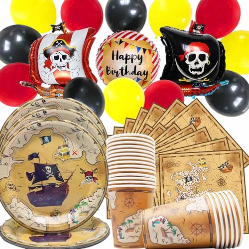 Doyomtoy 75 Stück piratenparty-geschirr Piratenparty Geburtstag Deko Set piraten party ballon dekoration deko piratenparty kindergeburtstag Teller,Servietten,Pappbecher,Luftballons(für 20 Gäste) von Doyomtoy