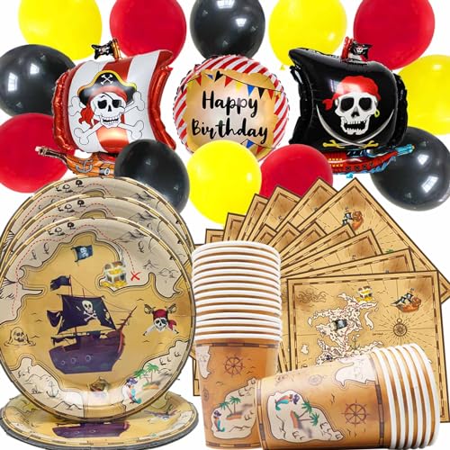 Doyomtoy 75 Stück piratenparty-Geschirr Piratenparty Geburtstag Deko Set Piraten Party Ballon Dekoration deko piratenparty Kindergeburtstag Teller,Servietten,Pappbecher,Luftballons(für 20 Gäste) von Doyomtoy