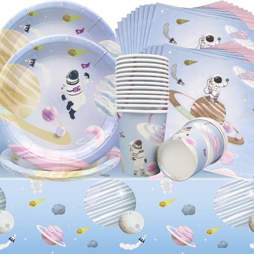 Doyomtoy Astronaut Partygeschirr,53Stück Weltraum Kindergeburtstag Partygeschirr Astronaut Pappteller Kindergeburtstag mit Becher Pappteller Servietten Tischdecken,für Weltraum Geburtstagsdeko von Doyomtoy