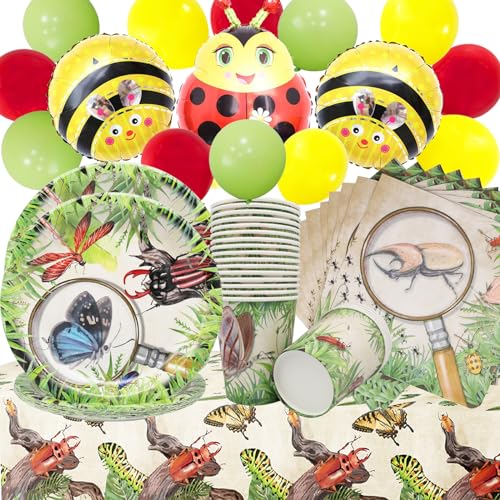 Doyomtoy Dschungel Partygeschirr Set,76Pcs Partygeschirr mit Insektenthema,Waldtiere Papier Teller Tassen Servietten Tischdecke für 20 Gäste Insekten-Party-Ballons Biene-Marienkäfer Luftballons von Doyomtoy