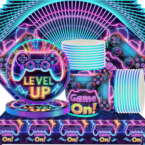 Doyomtoy Game Handle Partygeschirr, 61 Stück Geburtstagsparty Videospiel Dekorationen mit Tassen, Tellern, Servietten und Tischdecken für 20 Gäste von Doyomtoy