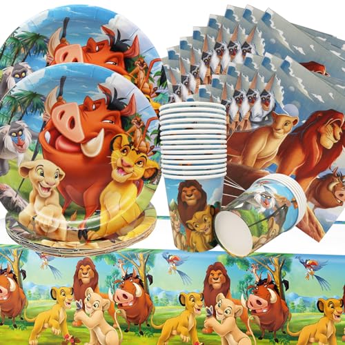 Doyomtoy Lion King Partygeschirr Set,61pcs Klassisches Cartoon-Partygeschirr,Kindergeburtstag Party Supplies Set Tischdecke Teller Becher Servietten Lion King-Themenparty-Dekoration von Doyomtoy