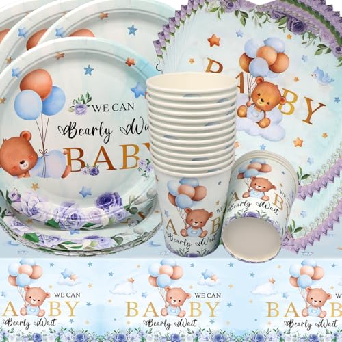 Doyomtoy Plüschbär Partygeschirr, Bärchen Geburtstag Deko Baby Geburtstag Bärs Tassen Servietten Tischdecke für Kindergeburtstag Party Deko Baby Shower 16 Gäste von Doyomtoy