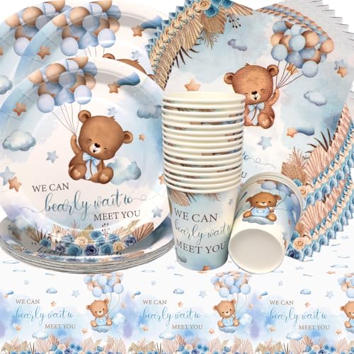 Doyomtoy Plüschbär Partygeschirr, Bärchen Geburtstag Deko Baby Geburtstag Bärs Tassen Servietten Tischdecke für Kindergeburtstag Party Deko Baby Shower 20 Gäste von Doyomtoy