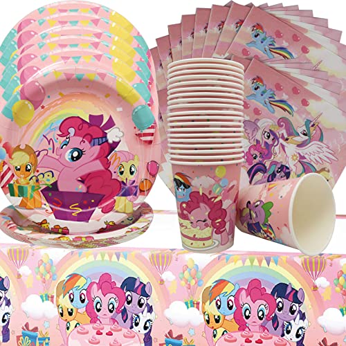 Doyomtoy Pony Einhorn Partygeschirr 61 Stück Pony Themed Birthday Party Set Pony Partygeschirr umfasst Teller Servietten Tassen Tischsets und Tischtücher von Doyomtoy