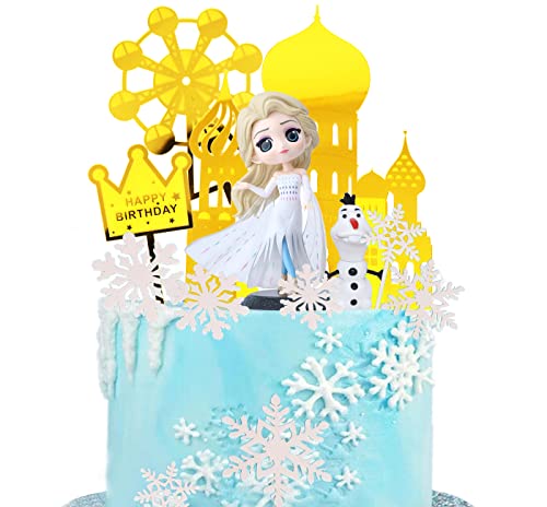 Spielzeug für Mädchen von Elsa,Doyomtoy Princess Cake Toppers, ElsaThema für Kinder Geburtstag, Eiskönigin Geburtstagsdekoration,Acrylschneeflocken,chloss,Olaf von Doyomtoy