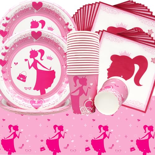 Prinzessin Party Dekoration Doyomtoy 61 Stück Prinzessin Geburtstag Deko,Teller Tassen Servietten Tischtücher,Partygeschirr Set Party Set Geburtstagsteller für Kinder Geburtstag von Doyomtoy
