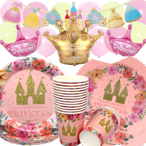 Doyomtoy Prinzessin Schloss Geburtstag Deko, 64 Stück Schloss Partygeschirr Pink Castle Prinzessin Kronenballon Geburtstagsteller Tassen Servietten für Kinder Geburtstag Party Decoration von Doyomtoy