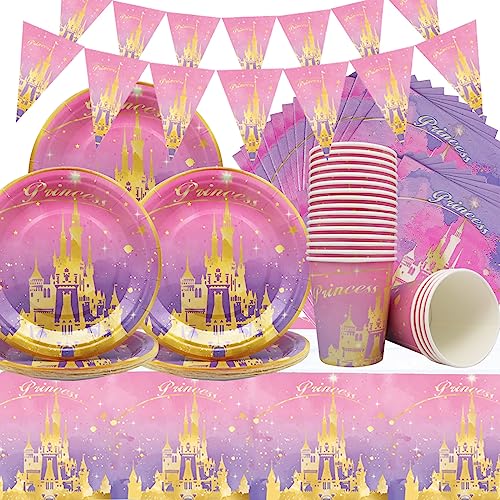 Doyomtoy Prinzessin Schloss Partygeschirr Prinzessin Partygeschirr Pink Castle Girl Birthday Party Dekoration 62 Stück Pappteller Becher Servietten Tischtuch Geburtstag Party Dekorationen von Doyomtoy