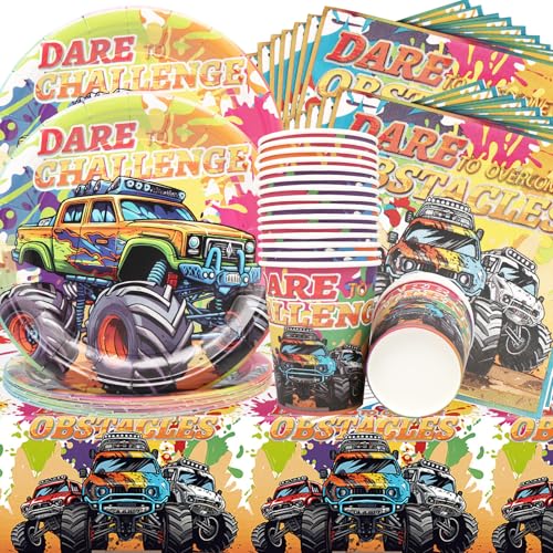 Doyomtoy Racing Party Supplies 61 Stücke Dirt Bike Decorative Plate Set, Graffiti Truck Tableware Paper Cups Servietten Dinner Plates Tablecloth Kids Birthday Party Für 20 Gäste von Doyomtoy