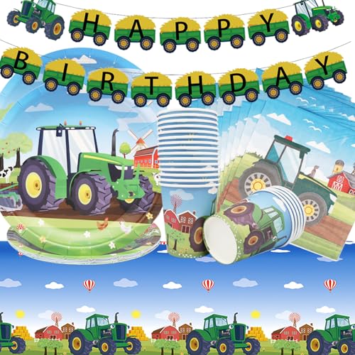 Doyomtoy Traktor-Themenparty-Geschirr,Traktor Teller Kindergeburtstag,Traktor-Partei-Dekorationen Traktor-Teller,Tassen,Servietten,Tischtuch,Für Birthday Party Supplies Dient 20 von Doyomtoy
