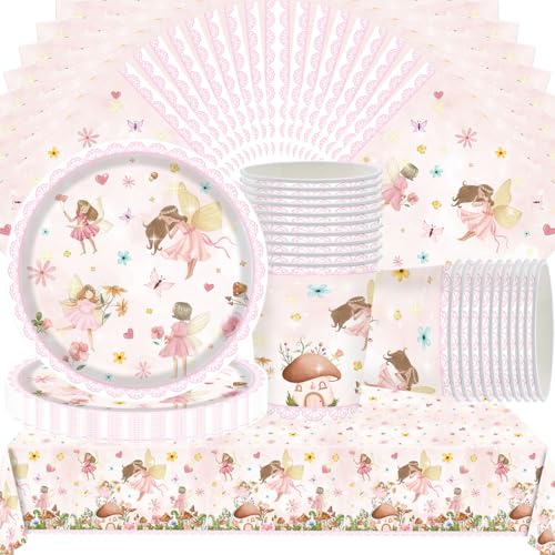 Feen Partygeschirr Set,Doyomtoy Princess Flower Fairy Serve 20 Gäste Geburtstag Partygeschirr,Tischdecken,Teller,Tassen,Servietten für Partyzubehör Geburtstag von Doyomtoy