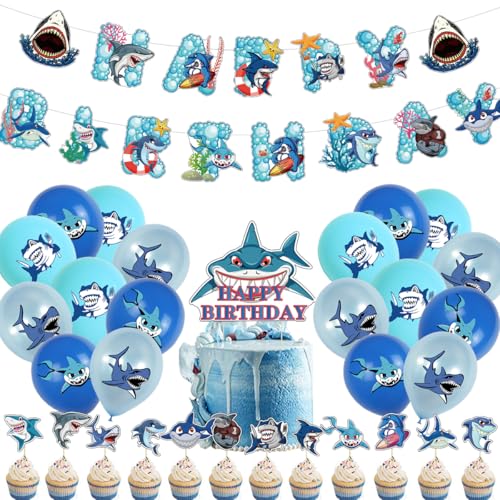 Hai Geburtstag Deko,Doyomtoy Ozean Luftballons Happy Birthday Party Dekoration Cupcake Topper, Luftballon Shark Geburtstag für Kindergeburtstag Unter dem Meer Party Deko Baby Shower 32 Stück von Doyomtoy